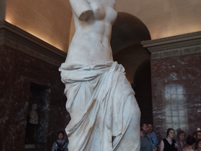 And here is the original Venus di Milo. It took us a long time to find the room she is in but we saw so very much on the way there. This is actually a Greek sculpture created by Alexandros of Antioch around 125 BCE, so  it is more appropriate to call it Aphrodite tes Milos. Some scholars believe that the statue is really a depiction of Amphitrite who was the sea goddess which was venerated on Milos island where the statue was discovered.