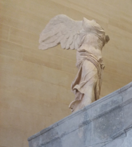 Nike was the goddess of Victory. This is in the Louvre museum. It was found on the Greek island of Samothrace. This is a very rare and special statue because it is a Greek original rather than a Roman copy. Nike Victory of Samothrace was sculpted by Pythokritos around 200 BCE.