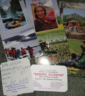 A few souvenirs from Kashmere, northwest India. I stayed on Spring Flower house boat on Dal Lake. The brochures were given to me by Kashmir Travel Agency.
