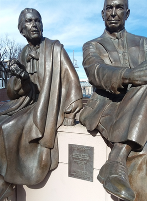 This sculpture of a former Senator from Albuquerque is at the south east corner of Albuquerque civic plaza.