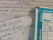 Shoe store receipt from Varanasi, hotel receipt from Allahabad, bus receipt from New Delhi to Srinagar.