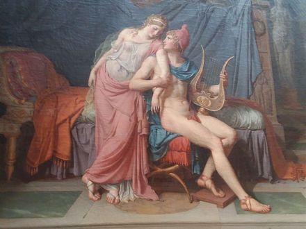 A painting of Paris and Helen. The artist was Jacques-Louis David and he painted this in 1788. One interesting thing about this painting is that the caryatid statues in the background are replica images of caryatids that already existed in the Louvre Museum that were created by Jean Goujon. This is considered as a Neoclassical style of painting. The complete title of the painting is 